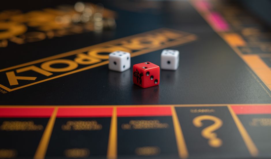 High-quality close-up photo of dice on a classic Monopoly board game, highlighting the gaming experience.